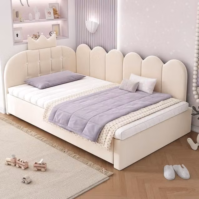 Letto singolo a L 90x200 cm con letto estraibile 90x190 cm in velluto beige