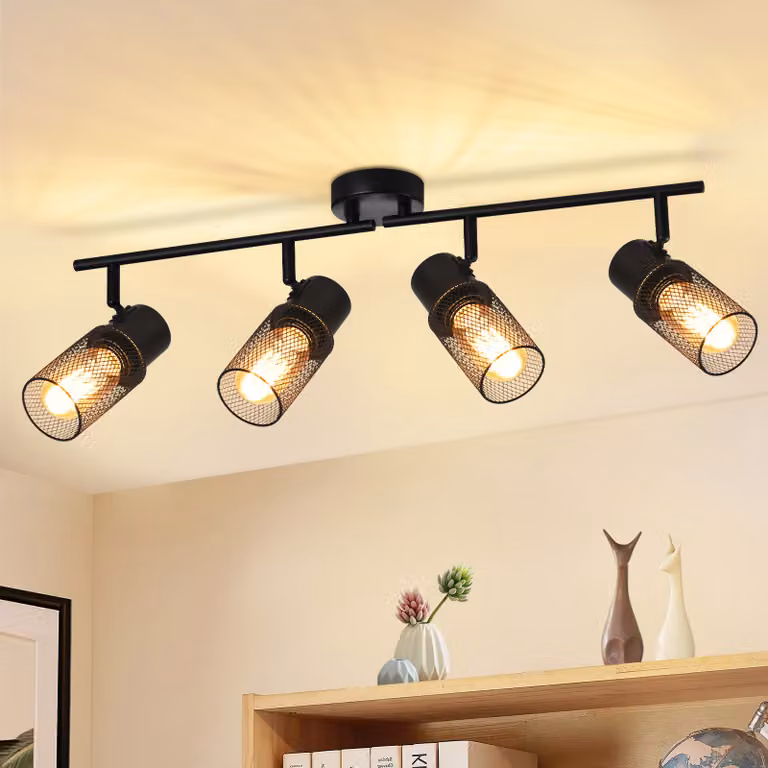 ZMH Plafoniera in metallo nero a 4 fiamme vintage E27 Faretto da soffitto Lampada da soffitto girevole 330° angolare per interni per corridoio Soggiorno Camera da letto Cucina