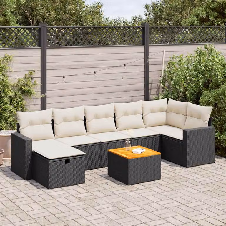 Set di divani da giardino a forma di L vidaXL in polyrattan con cuscini e tavolino, 8 pezzi, nero