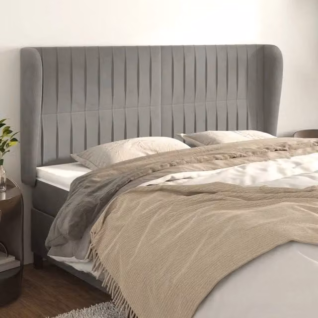 Testiera con Orecchie Design Mania in Velluto Grigio Chiaro L: 203 cm, P: 23 cm, H: 118/128 cm