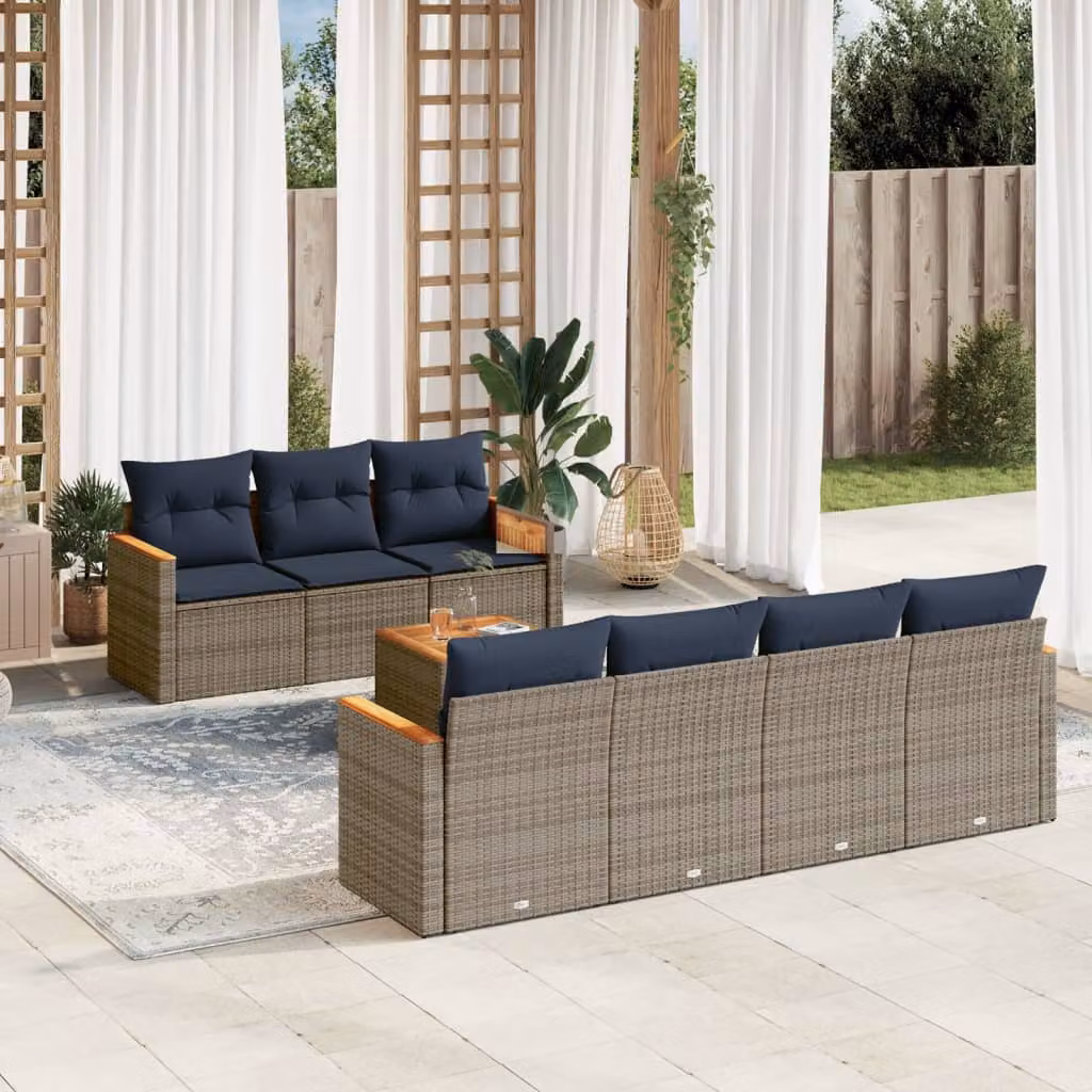 Set di divani da giardino vidaXL 8 pezzi in rattan con cuscini grigi e struttura in acciaio e legno di acacia