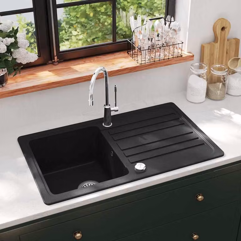 Lavandino da cucina singolo in granito con scolapiatti reversibile vidaXL nero L/P/H: 76,5 x 46,0 x 19,0 cm