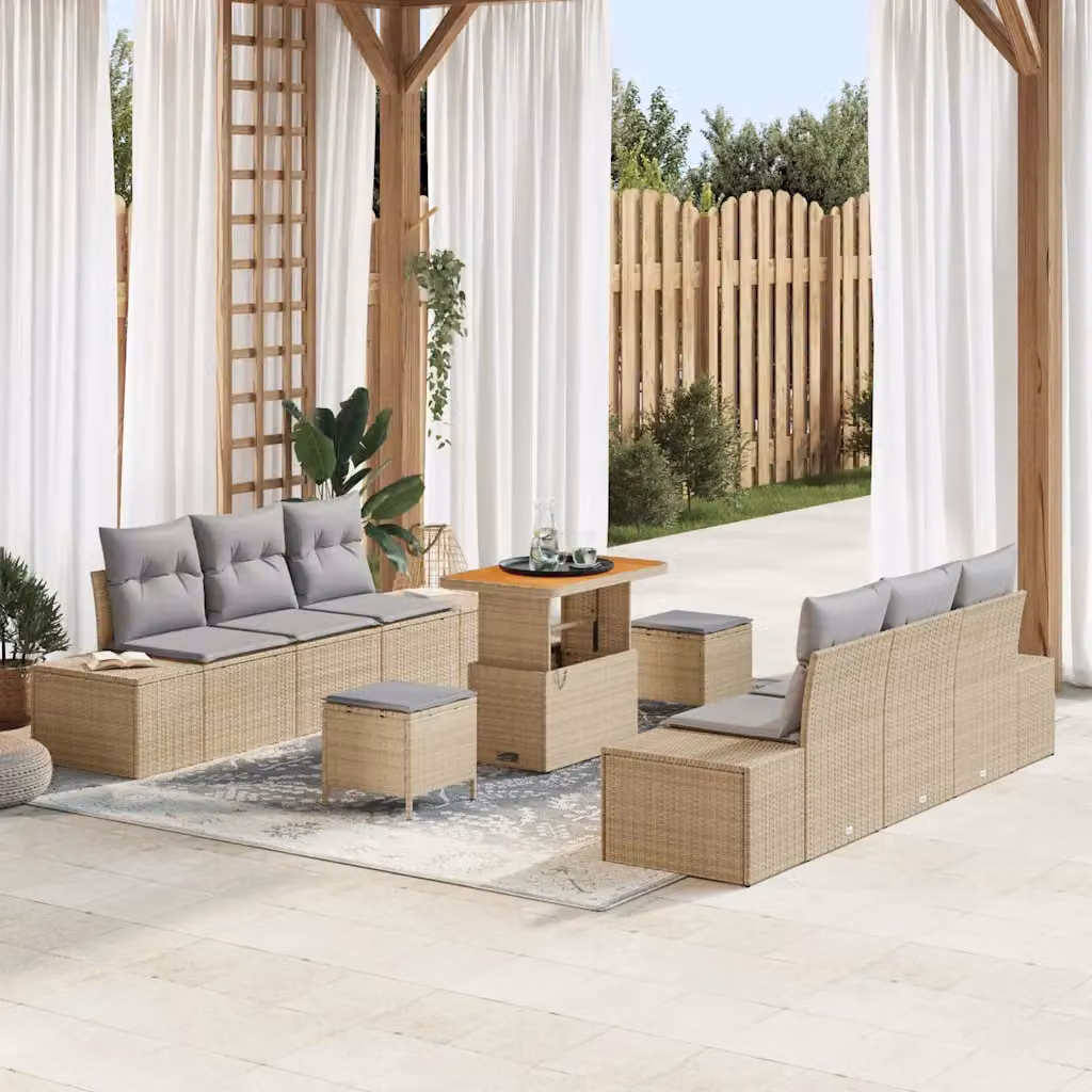 Set Divano da Giardino Moderno vidaXL in Polyrattan Beige con Cuscini e Tavolino da 9 Pezzi – 1