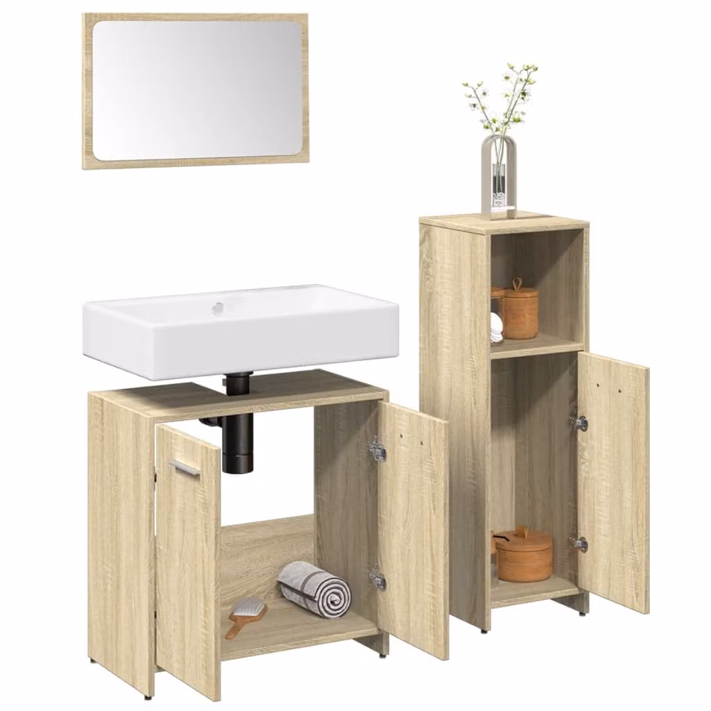 Set di mobili da bagno moderno vidaXL composto da 3 pezzi in legno e vetro, colore marrone e beige