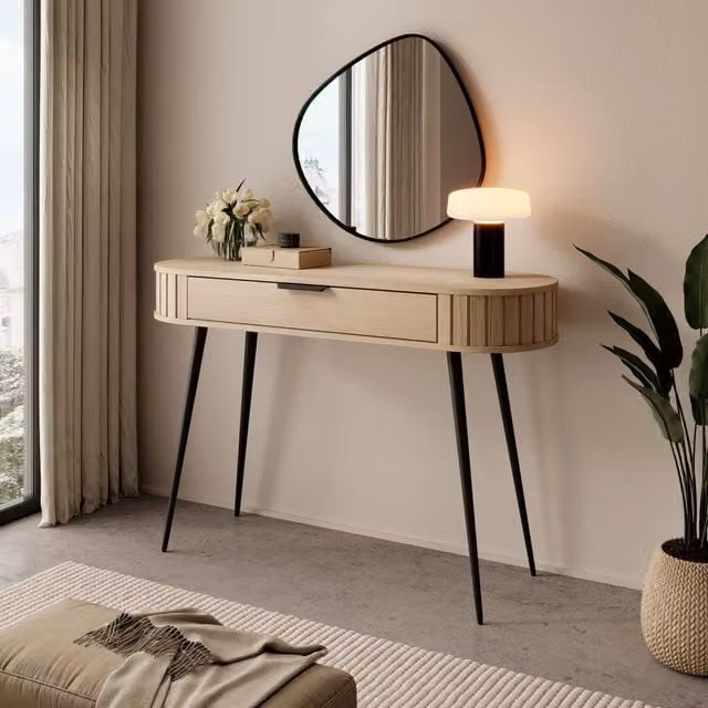 Toeletta DMORA con un cassetto in finitura rovere e struttura moderna, L: 120 cm, P: 40 cm, H: 80 cm – 1
