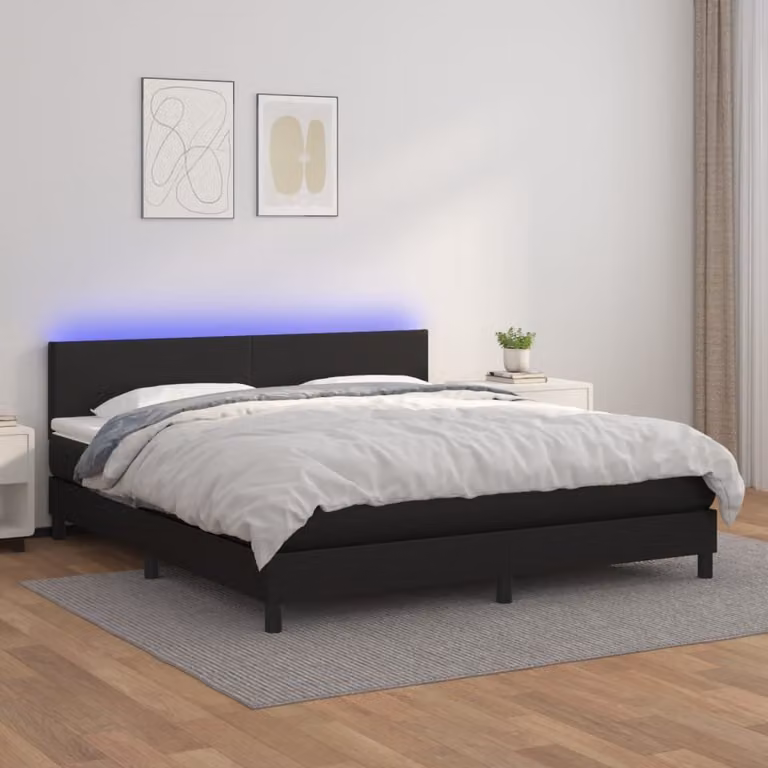 The Living Store Letto a molle con materasso e LED nero 160x200 cm in ecopelle
