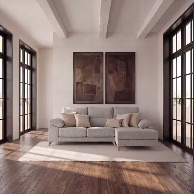 Divano chaise longue Dandy Banak a 3 posti con stoccaggio, colore perla, configurazione a L con lato destro, con poggiatesta regolabile e cuscini inclusi
