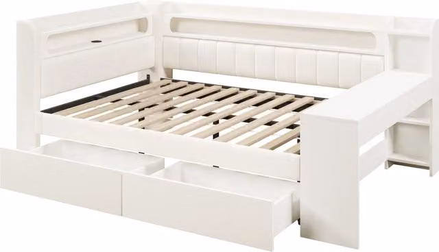 Letto Daybed Imbottito 140x200 con USB, Illuminazione LED, Scrivania Integrata e 2 Cassetti, Bianco