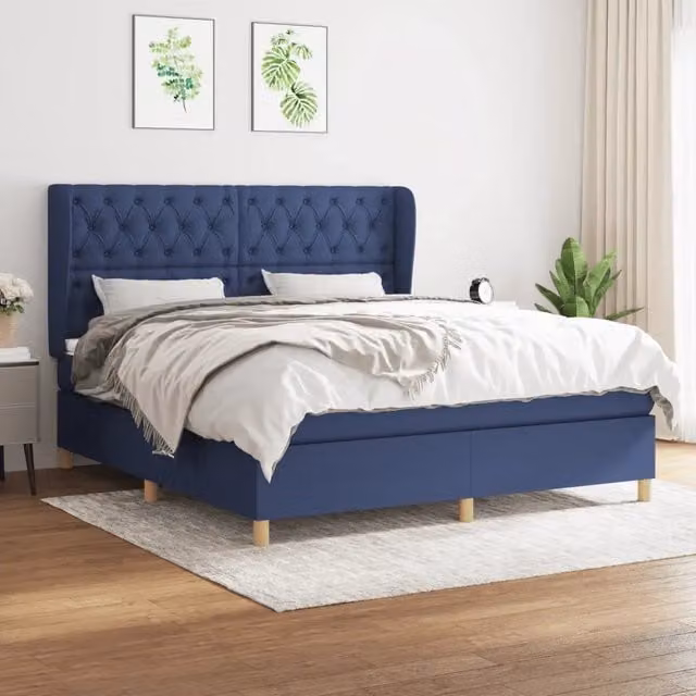 Letto Ibrido vidaXL con Giroletto a Molle e Materasso Blu e Bianco in Tessuto L/P: 160 x 200 cm – 1
