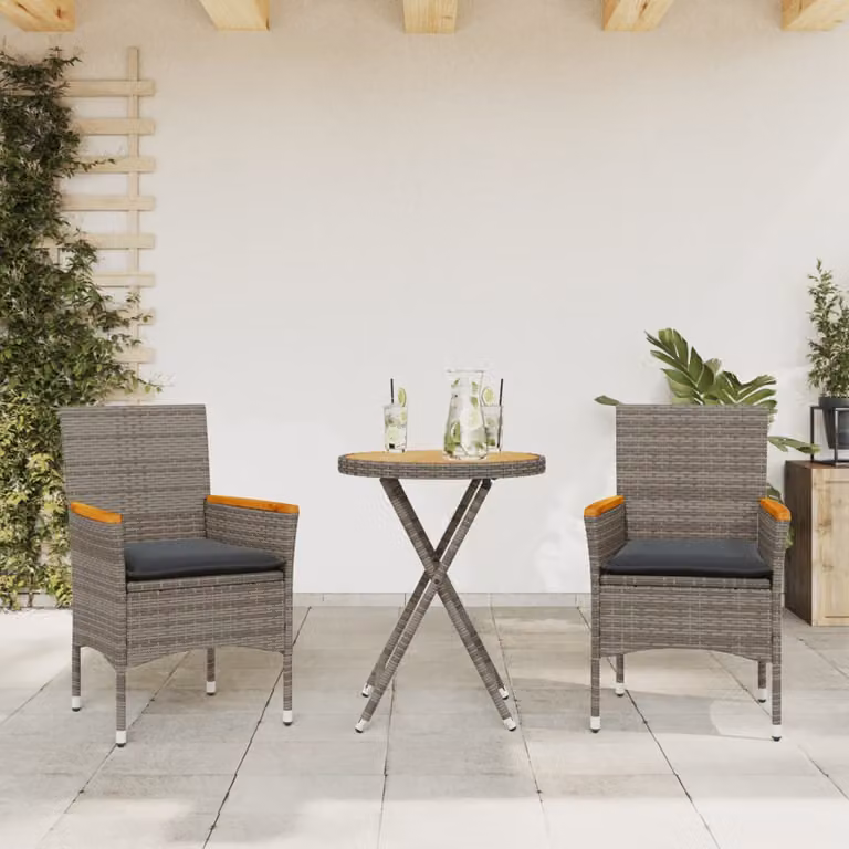 Set da Bistrò 3 pz vidaXL in Legno di Acacia e Polyrattan Grigio con Cuscini