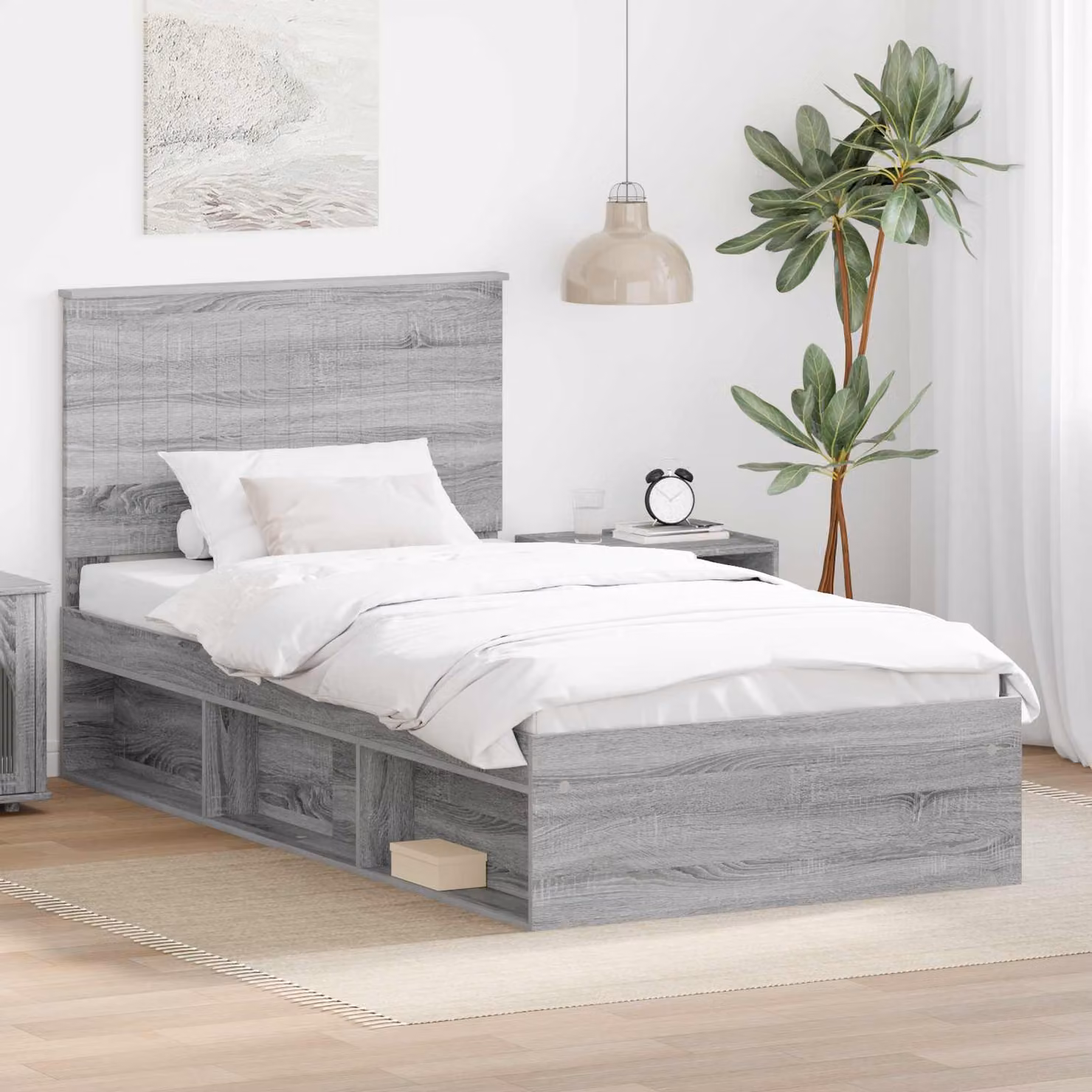 Struttura del letto vidaXL in pino massello e legno con cassetti, Grigio Sonoma, L 100 x P 200 cm