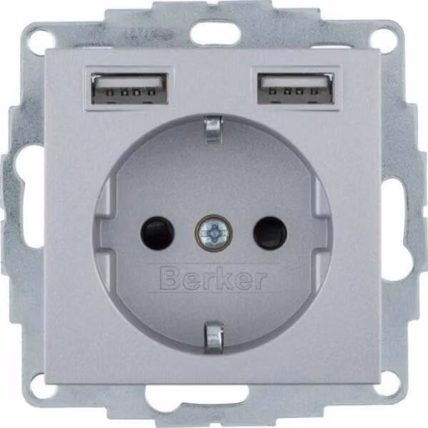 Berker 48031404, Tipo F + 2 x USB A, USB 2.0, Alluminio, Termoplastica, IP20, 250 V