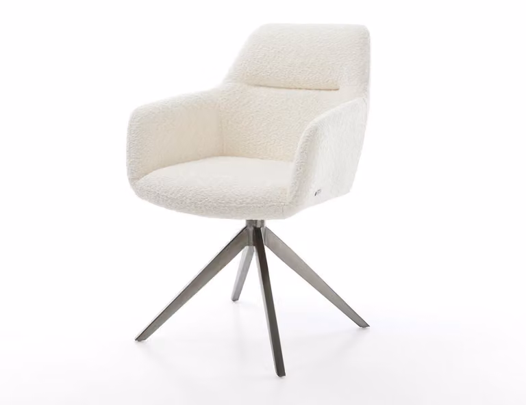 DELIFE Sedia girevole Pejo-Flex, rivestimento in bouclé bianco, struttura a croce grigia, rotazione a 360°, funzione basculante, imbottitura in molle insacchettate