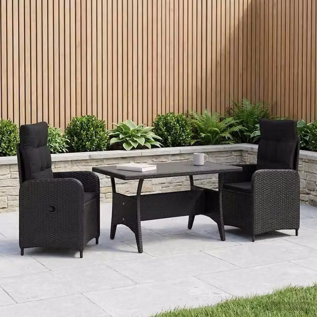 Set da pranzo per esterni vidaXL in polyrattan nero composto da 3 pezzi con tavolo rettangolare L: 120 cm, P: 70 cm, H: 66 cm e 2 sedie – 1