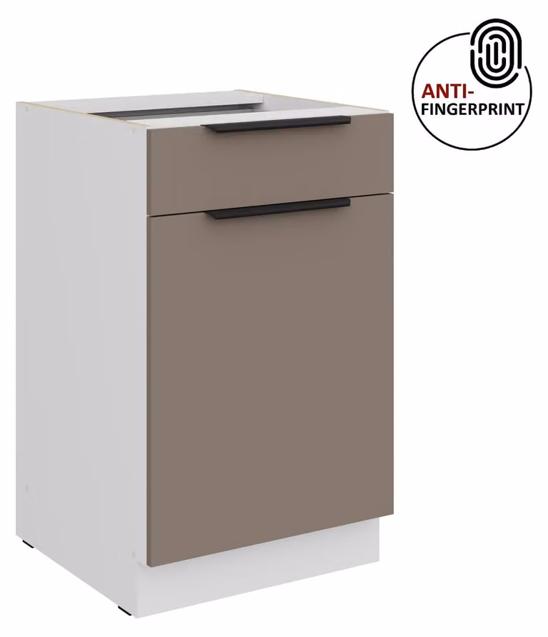 Mobile base da cucina da 50 cm, cucina ARIA grigio sabbia ultra opaco + bianco opaco, frontali di alta qualità con rivestimento anti-impronta, blocco cucina