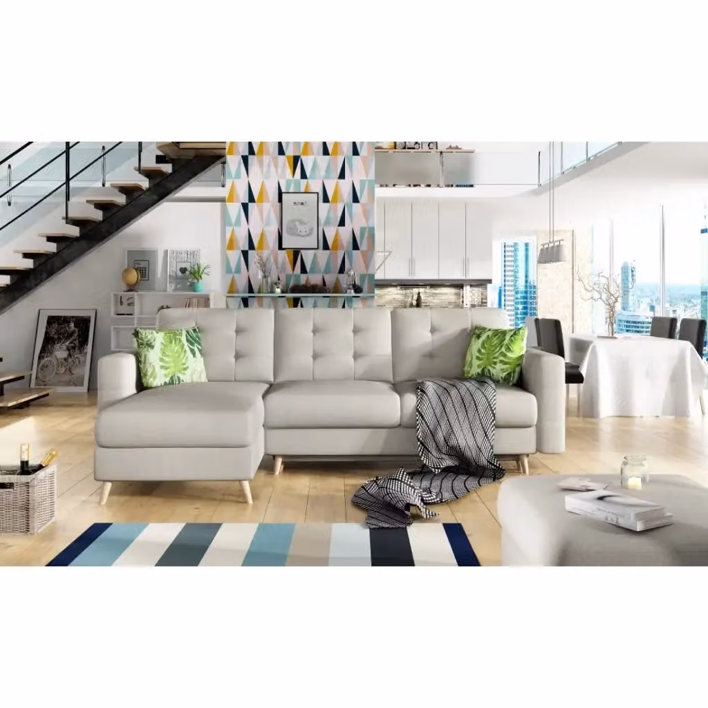 Divano angolare trasformabile MEUBLORAMA HASGARD 3 posti beige con funzione letto e vano contenitore, stile scandinavo, L/P/H: 248 x 162 x 93 cm – 2