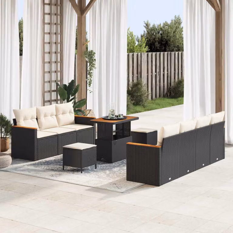 Set Divano da Giardino vidaXL in Polyrattan Nero e Beige con 10 Pezzi e Cuscini Inclusi