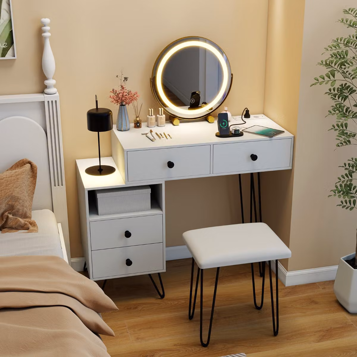 Costway Tavolo da trucco moderno con specchio LED e sgabello, bianco, con 4 cassetti e scomparto aperto per camera da letto