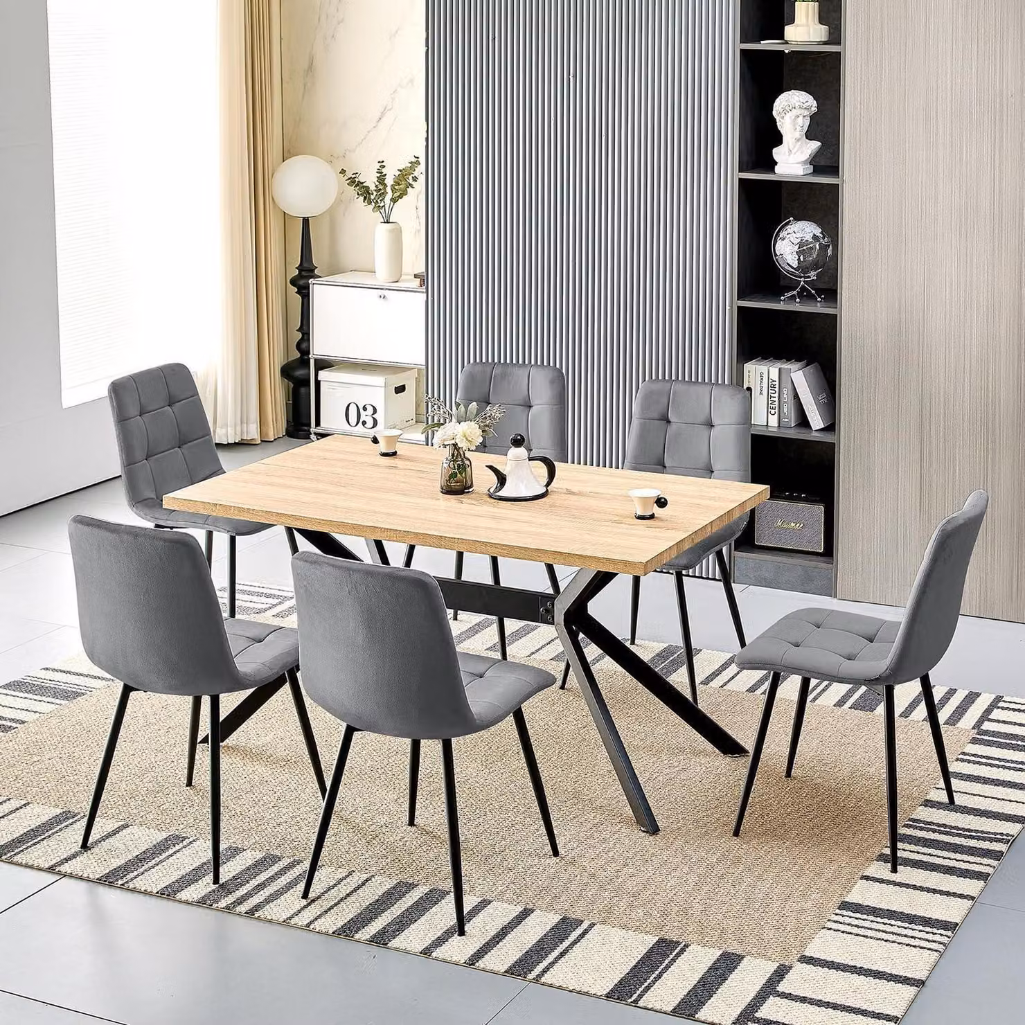 Tavolo da pranzo rettangolare con 6 sedie, legno chiaro, dimensioni 140x80x76 cm, gambe in metallo, piano in velluto grigio scuro