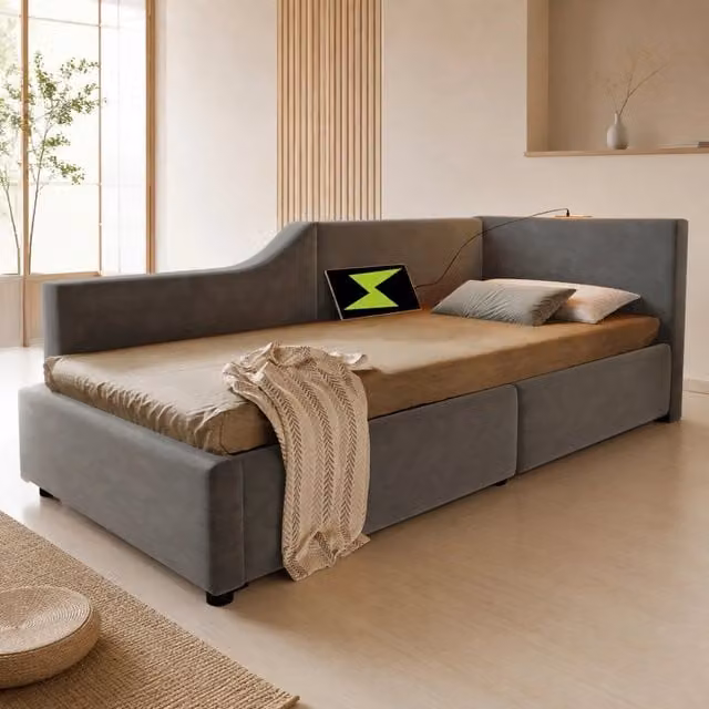 Daybed imbottito 90x200 cm in velluto grigio con vano contenitore, luce e USB-C
