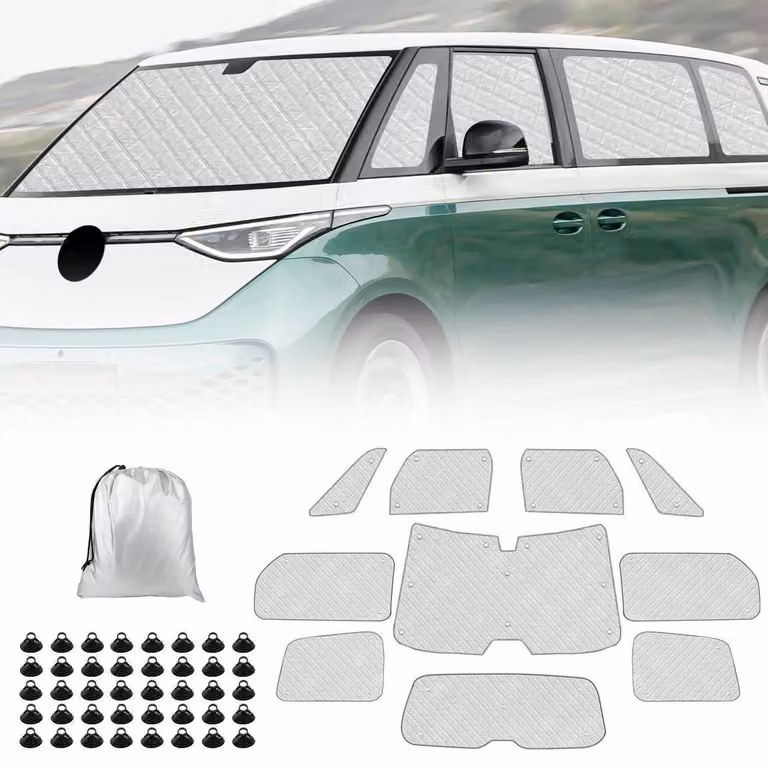 Tappetini isolanti per l'abitacolo, compatibili con VW ID Buzz a passo lungo (LWB) dal 2022 al 2026, set da 10 pezzi, per protezione solare, isolamento e privacy