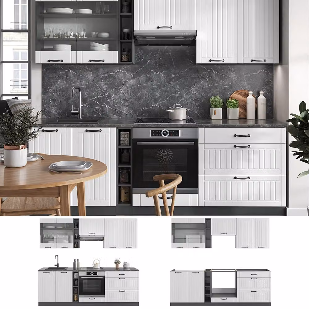 Cucina componibile Fame-Line Vicco in stile country house, Bianco rustico e Antracite, L: 235 cm – 2