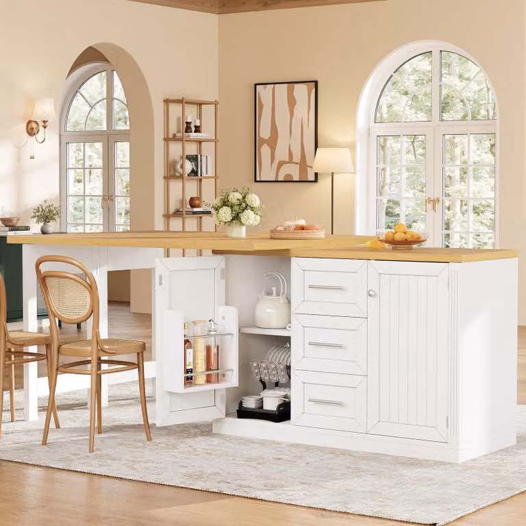 Isola multifunzionale per la cucina Flieks, con piano tavolo estensibile e rotante a 360°, tavolo da pranzo con ripiano snack, chiusura magnetica, tavolo da cucina, bianco