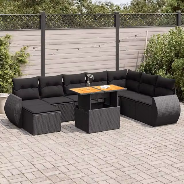 Set Divani da Giardino 9 pz con Cuscini Nero in Polyrattan 3327296