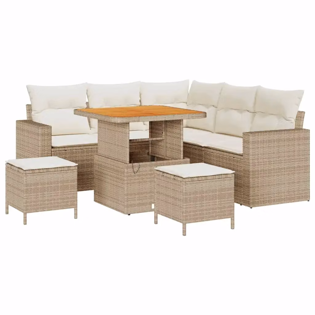 vidaXL Set Divano da Giardino 9 pz a Forma a L con Tavolino e Ottoman Beige e Bianco – 2