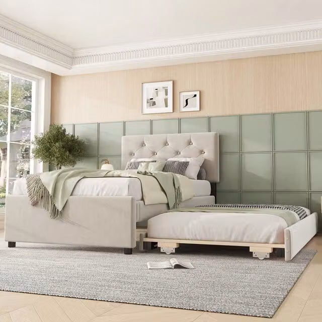 Letto imbottito con rete a doghe e cassetto ¨C Minimal ¨C Beige velluto 90x200cm