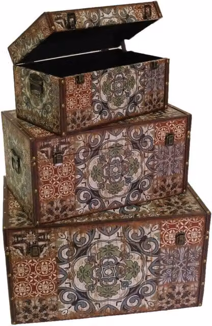Set di 3 Baule Vacchetti in Ecopelle con Motivo Mandala Geometrico Multicolore, L: 59 cm, P: 36 cm, H: 33 cm