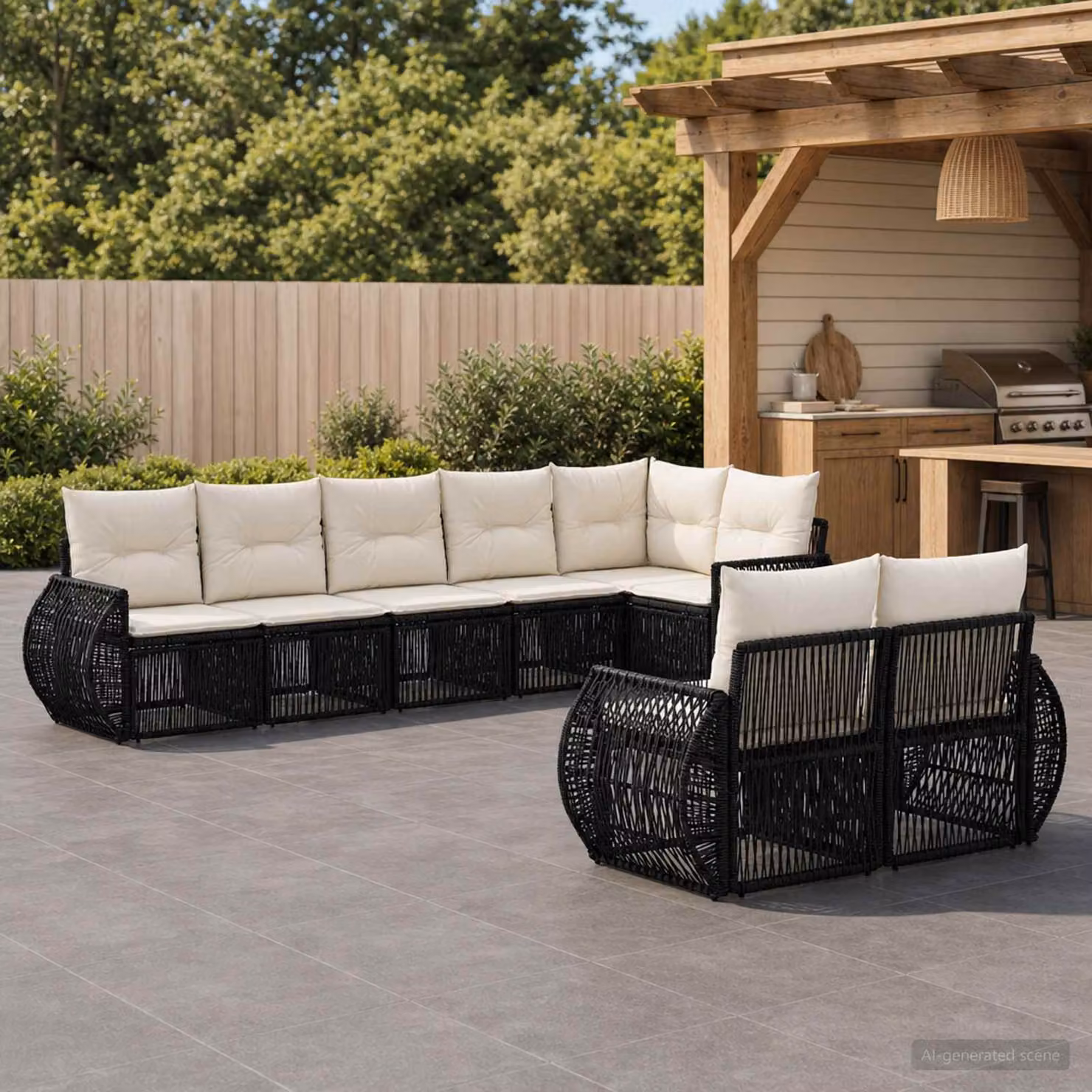 Set Divano da Giardino vidaXL 8 pz a forma di U in Polyrattan Nero e Bianco Crema con Cuscini e Struttura in Acciaio Verniciato a Polvere