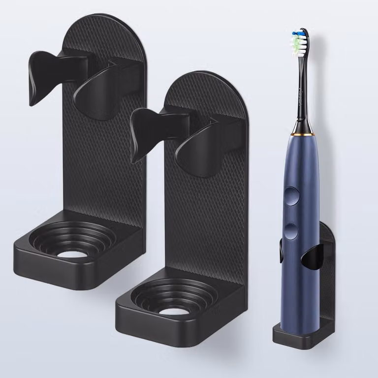 Porta spazzolini elettrico da parete, 2 pezzi, adesivo, regolabile, colore nero