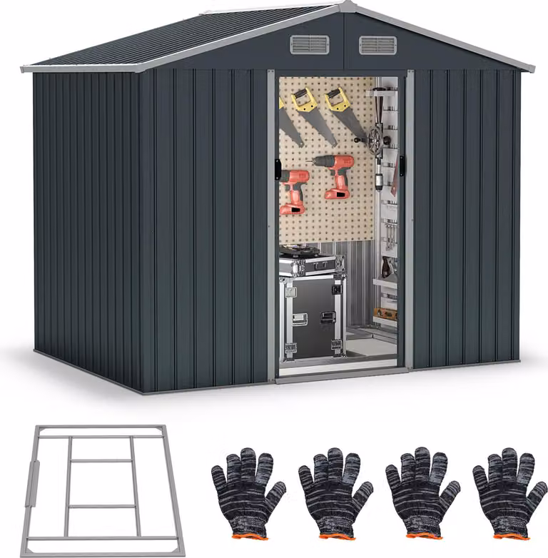 Capanno per attrezzi COSTWAY, capanno per attrezzi in metallo con tetto a una falda, porte scorrevoli, 4 valvole d'aria e base a pavimento, capanno da giardino, garage per biciclette 235x171x196cm