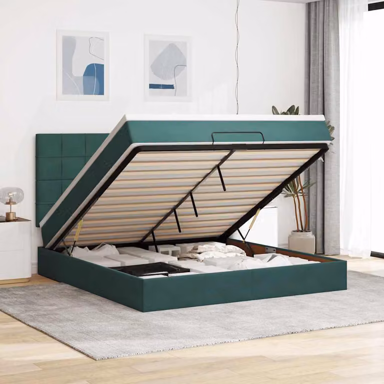 Letto con contenitore e materasso vidaXL in velluto verde e bianco, con base a sollevamento, illuminazione sottostante e porta USB, L: 180 cm, P: 200 cm, H: 128 cm