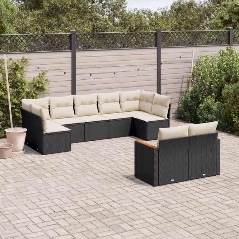 Set di divani da giardino vidaXL a forma di L composto da 9 pezzi in polyrattan nero con cuscini inclusi