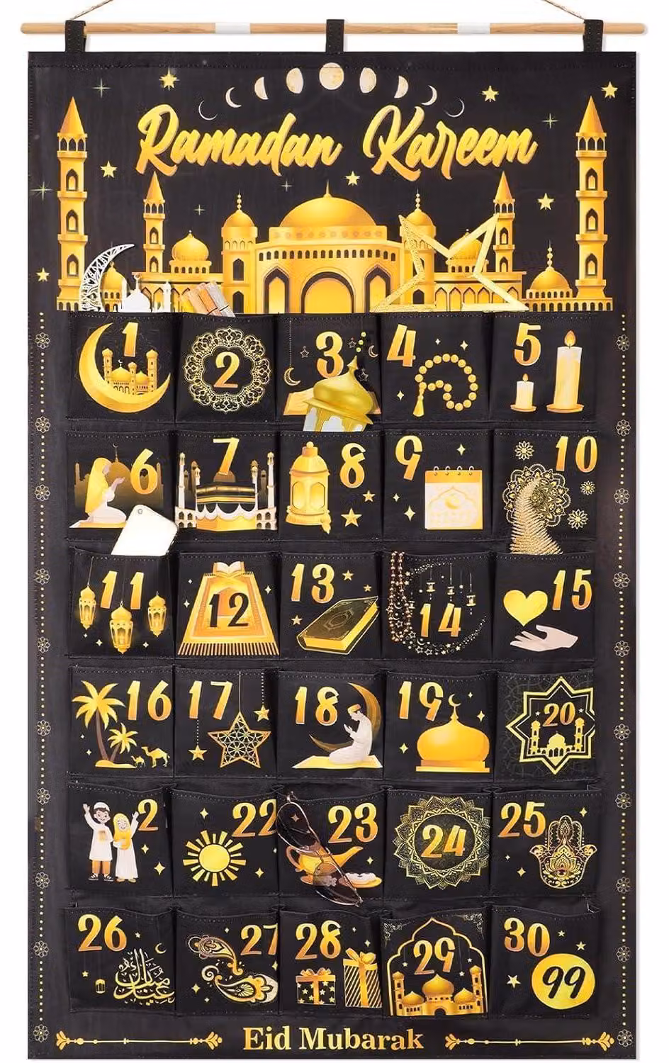 Calendario Ramadan, tessuto, 30 sacchetti, da riempire, da appendere, colore nero e oro