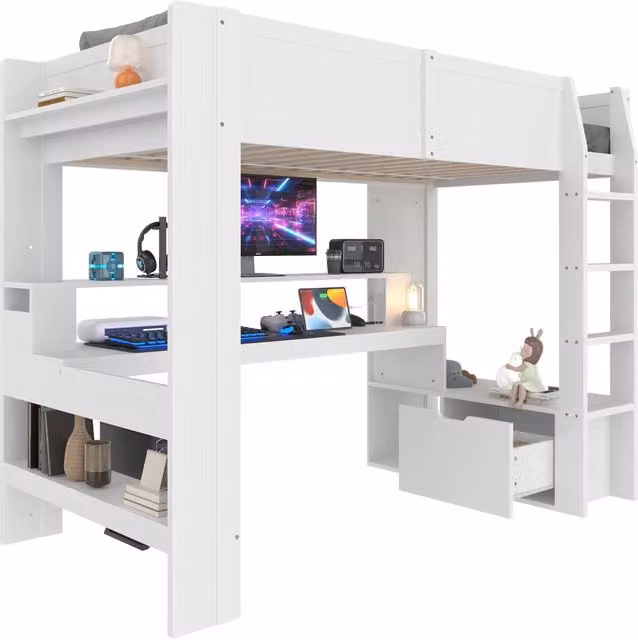 Letto a Soppalco Singolo Chicfurn con Scrivania, Cassetti, Scaffali e Illuminazione LED, Bianco, L/P/H: 200 x 90 x 218 cm