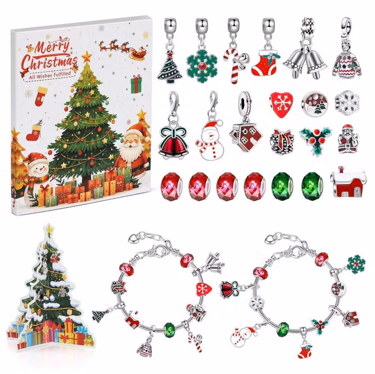 Calendario dell'Avvento a tema gioielli, 24 giorni, nei colori rosso e verde, con 2 braccialetti, 13 ciondoli, 9 pendenti e una mappa tridimensionale