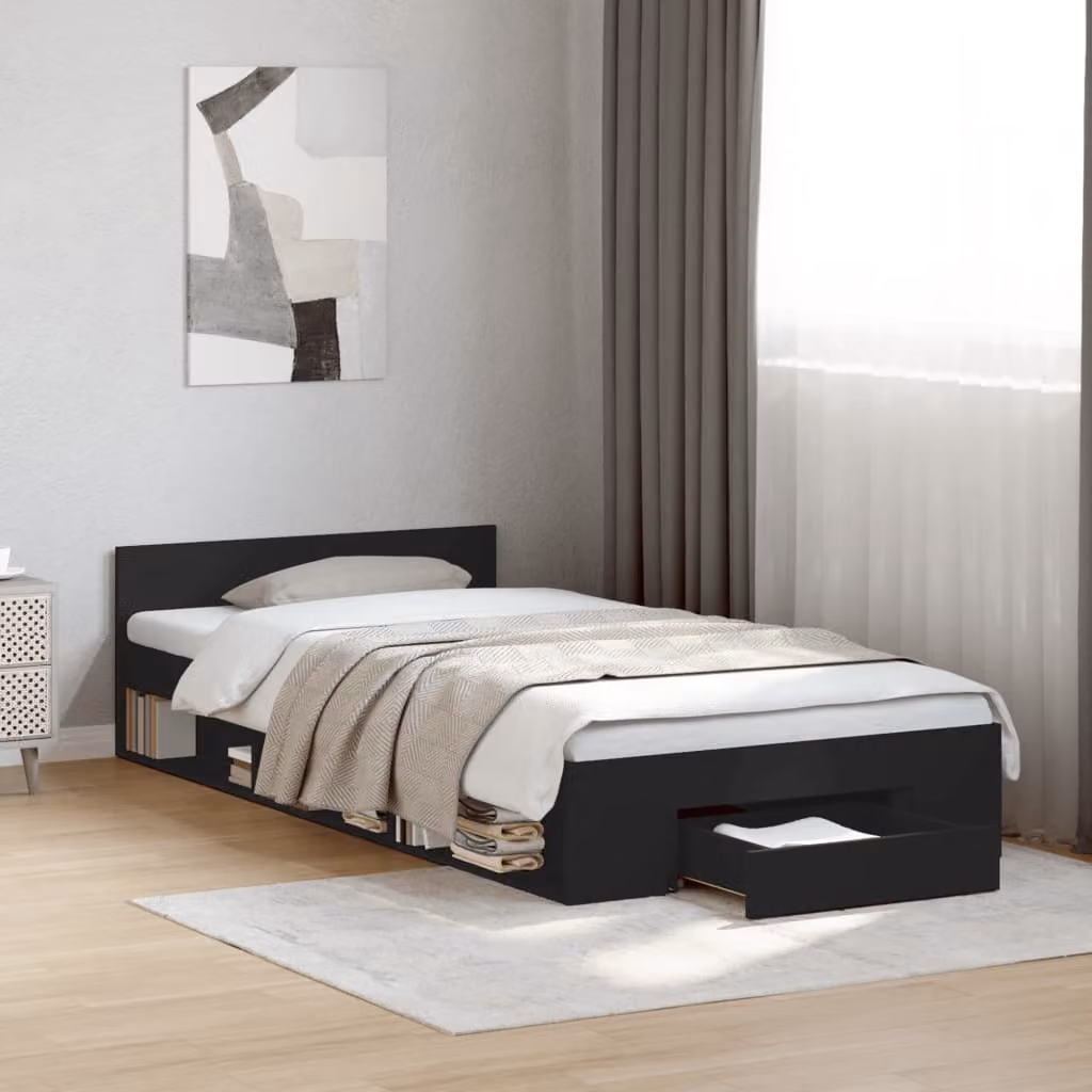 vidaXL Giroletto con Cassetto Nero in Legno Multistrato L/P/H: 190 x 90 x 45 cm – 1