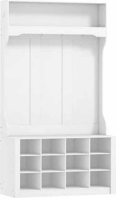 Armadio con ripiano, panca, ganci, scomparti per scarpe, in truciolato, MDF, bianco