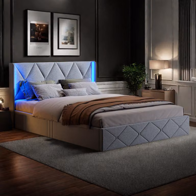Letto imbottito ProximaX 140x200 cm, testata con LED laterale, grigio, ampio spazio sotto il letto, comoda soluzione per la camera da letto