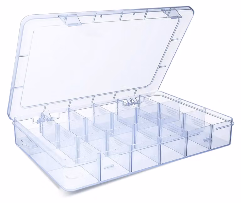 Contenitore trasparente in plastica, con 18 scomparti, impilabile, ideale per gioielli
