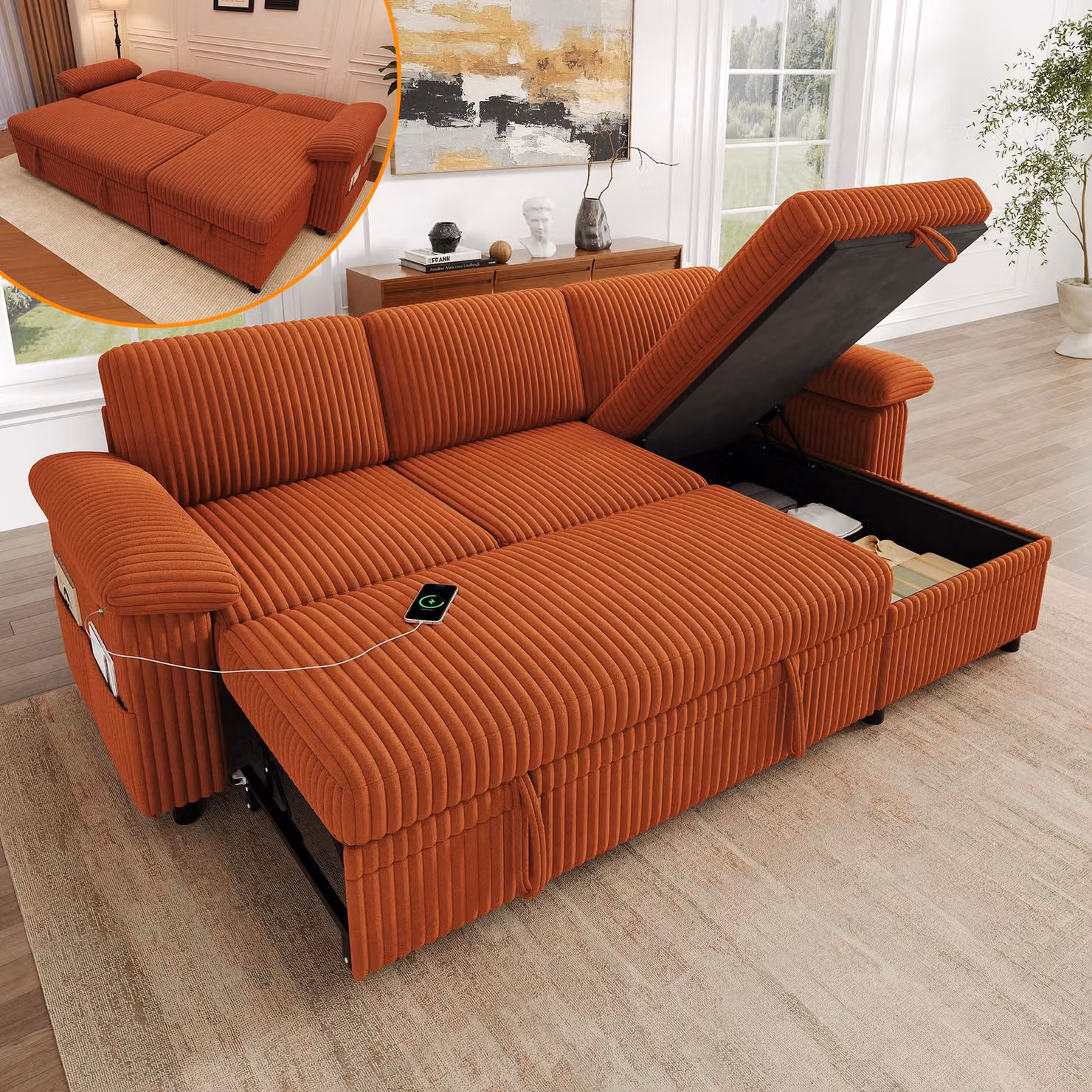 Divano angolare a forma di L, modello Merax, con funzione letto, poggiapiedi, porta USB di tipo C, schienale regolabile, cuscini per braccioli, rivestito in tessuto corduroy, colore arancione