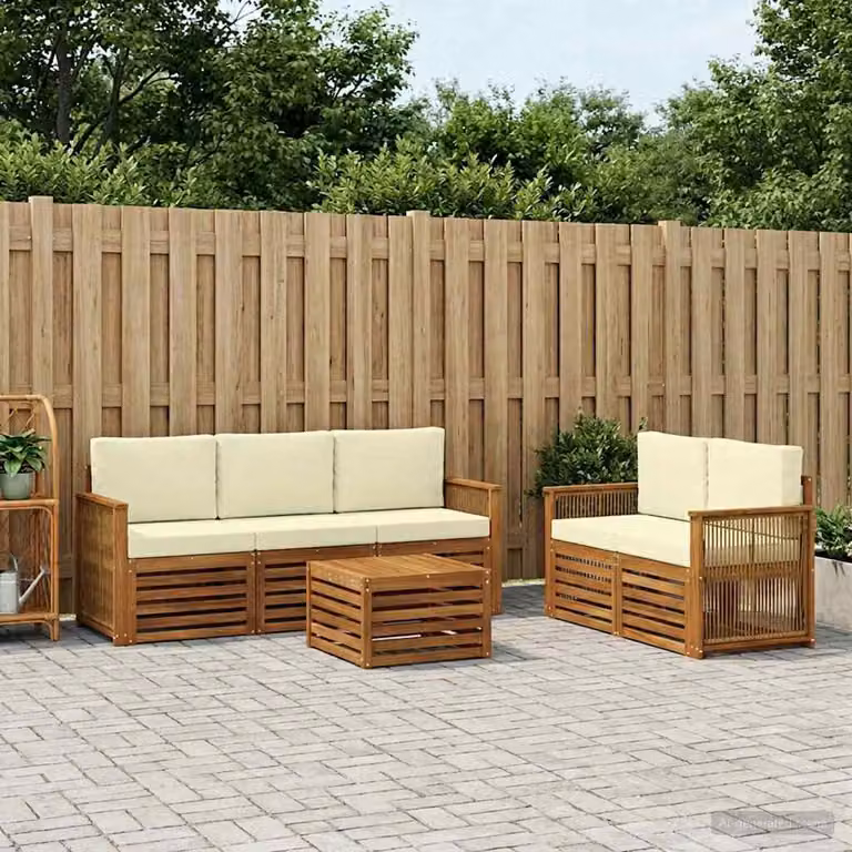 Set di divani da esterno vidaXL in legno di acacia con cuscini beige e bianco, composto da 6 pezzi con tavolino da caffè incluso