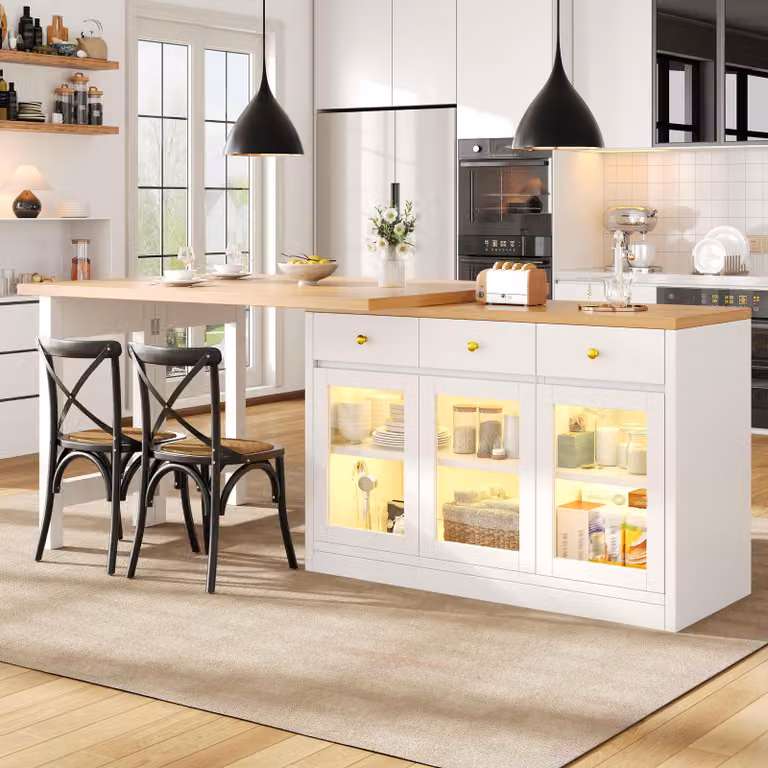 okwish Isola da cucina allungabile con luci LED controllabili tramite app, tavolo da bar con 3 cassetti e ante in vetro, mobile da cucina con ampio spazio contenitivo, bianco