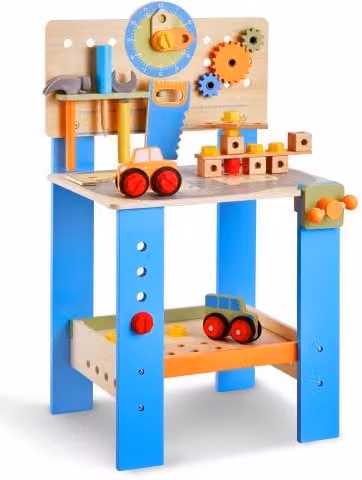 VEVOR Banco da Lavoro Giocattolo in Legno Multicolore con 62 Pezzi, Set di Attrezzi da Costruzione per Bambini, L/P/H: 39,8 x 34,0 x 69,0 cm