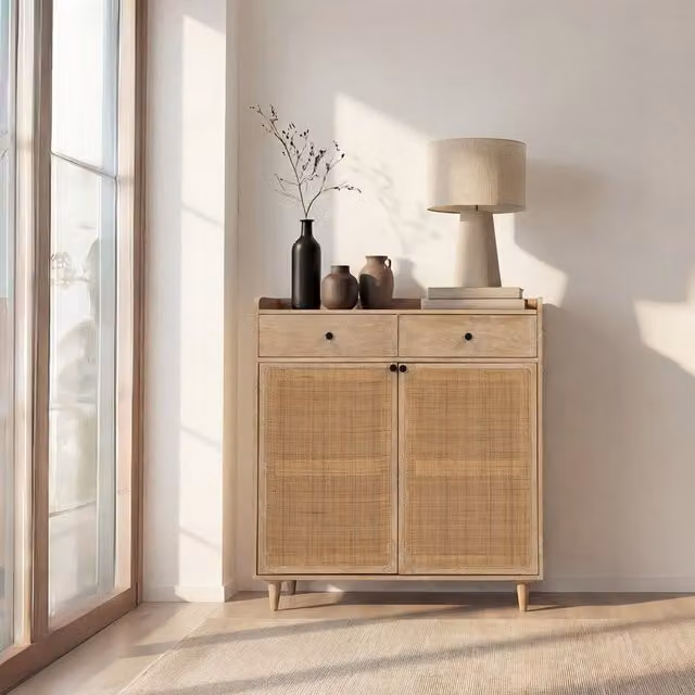 Scarpiera Banak in legno di mango e rattan color marrone e beige con ante a battente e ripiani interni in stile boho