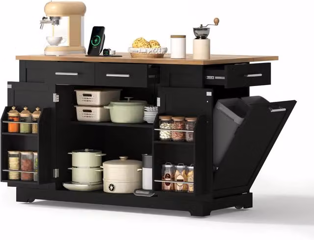 Isola cucina grande 138 cm con piano ribaltabile; prese e vano portarifiuti estraibile; nero ed effetto legno