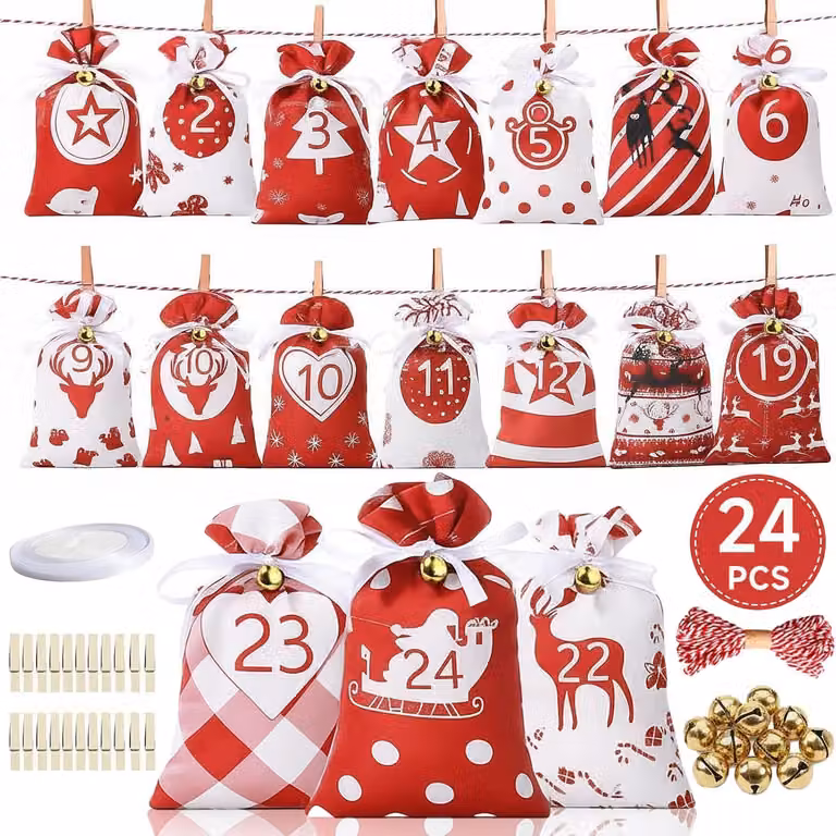 Calendari dell'Avvento da riempire - Sacchetti riutilizzabili per il calendario dell'Avvento - Calendario di Natale fai-da-te - Sacchetti in tessuto
